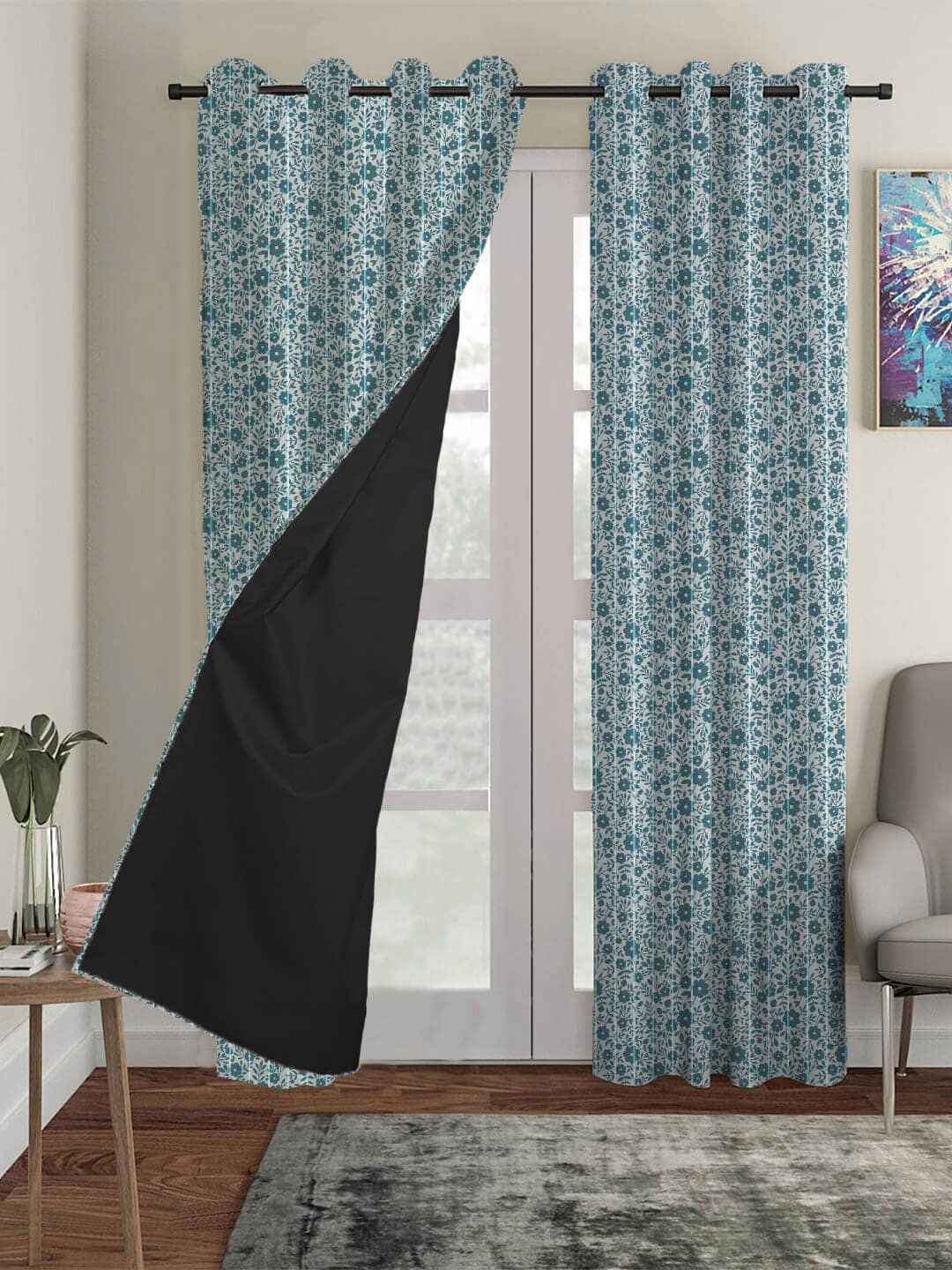 

HOUZZCODE Blue Floral Black Out Window Curtain