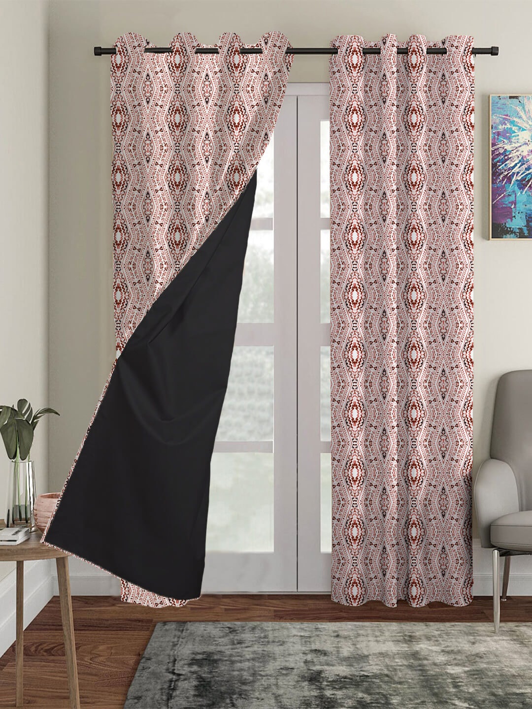 

HOUZZCODE Maroon & White Black Out Window Curtain