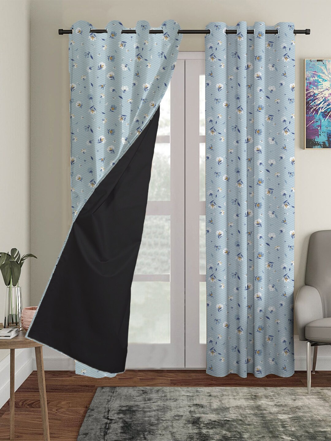 

HOUZZCODE Blue Floral Black Out Door Curtain