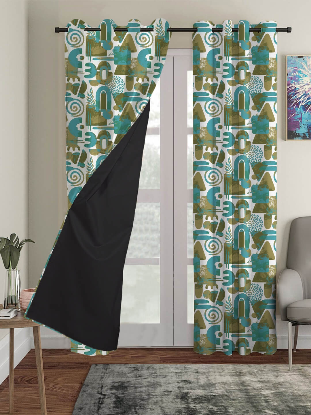 

HOUZZCODE Turquoise Blue & Green Printed Single Black Out Door Curtain