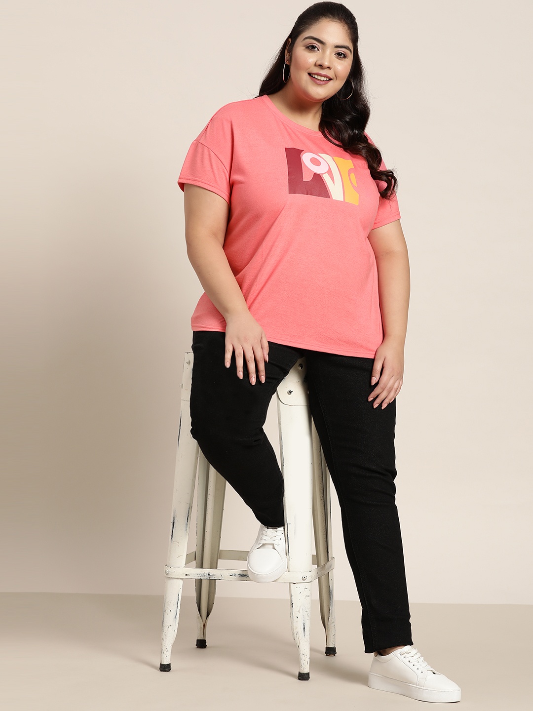 

Sztori Women Plus Size Pink Typography Printed T-shirt