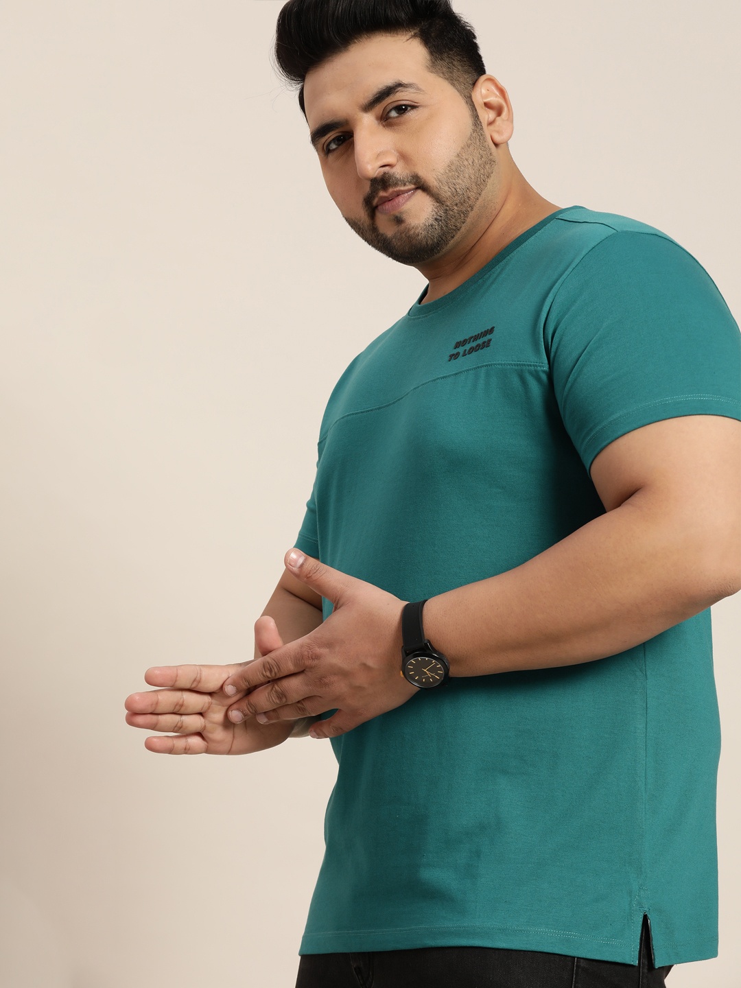 

Sztori Men Plus Size Teal Blue & Black Typography Printed T-shirt