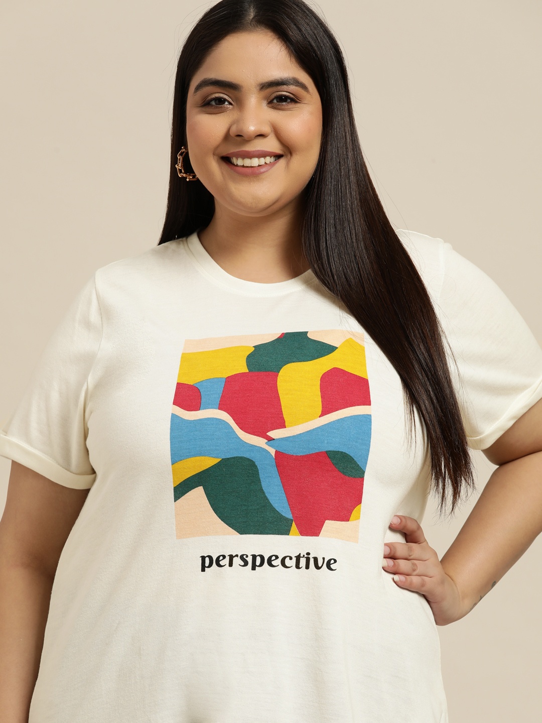 

Sztori Women Plus Size Off White & Blue Printed T-shirt