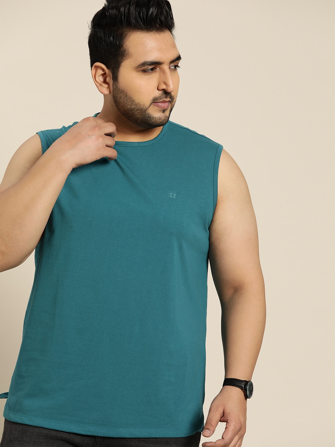 

Sztori Plus Size Men Teal Blue Solid Sleeveless T-shirt