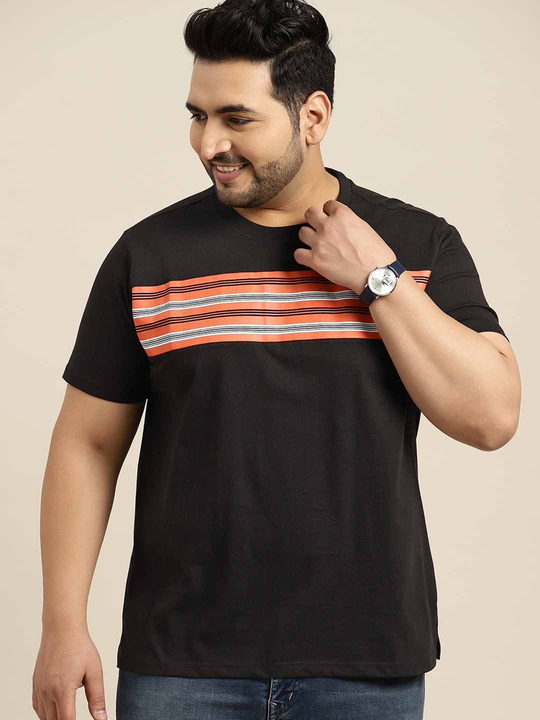 

Sztori Men Plus Size Black Striped Pure Cotton T-shirt