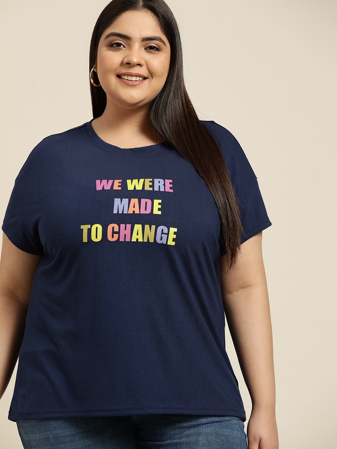 

Sztori Women Plus Size Navy Blue & Pink Typography Printed T-shirt