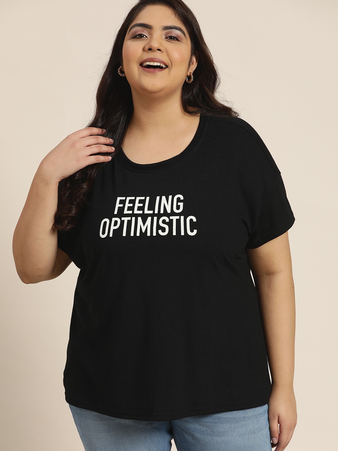 

Sztori Plus Size Women Black & White Typography Printed T-shirt