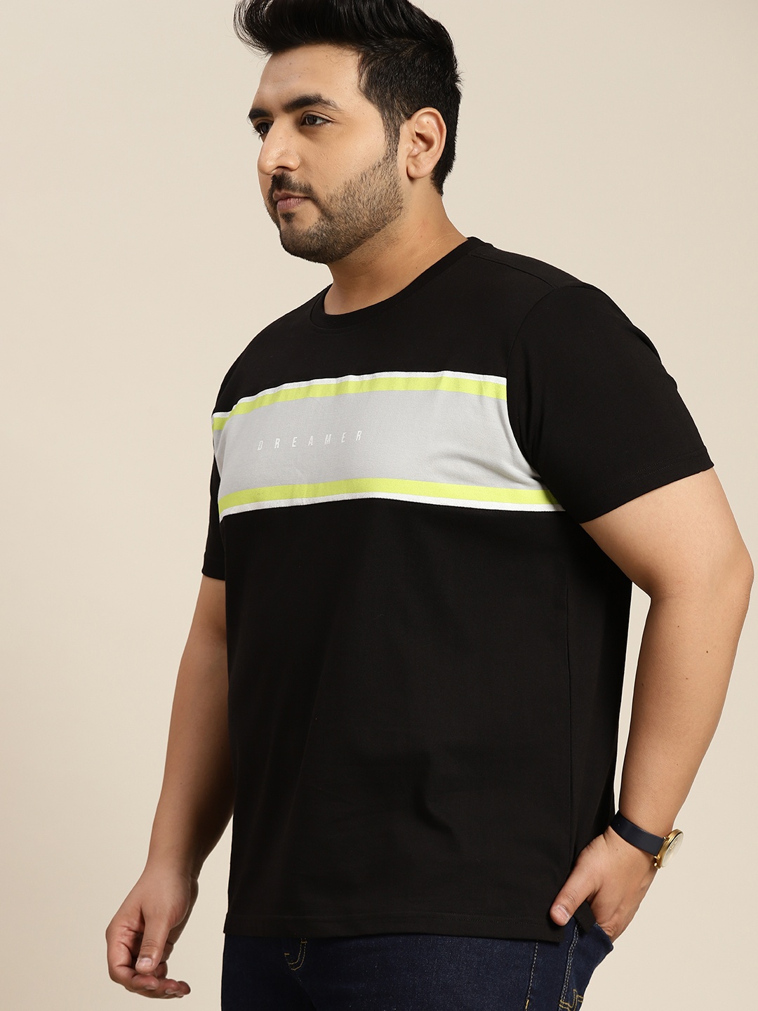 

Sztori Men Plus Size Black & Grey Melange Typography Printed Pure Cotton T-shirt