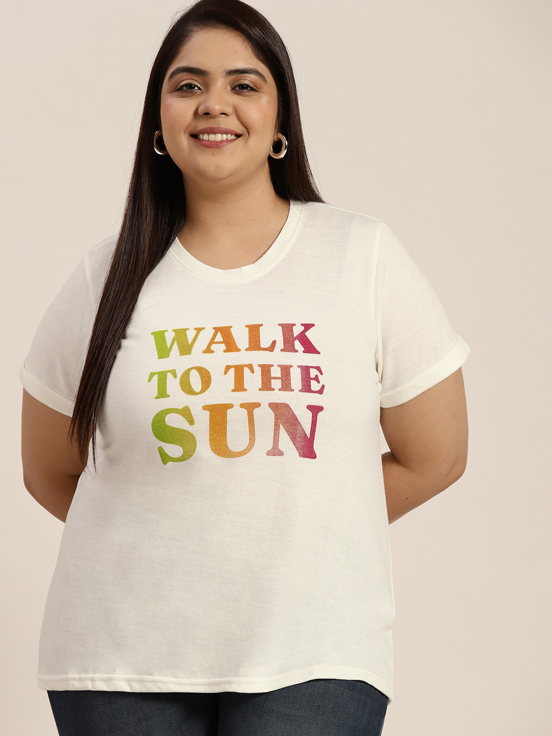 

Sztori Plus Size Women Off White Typography Printed T-shirt