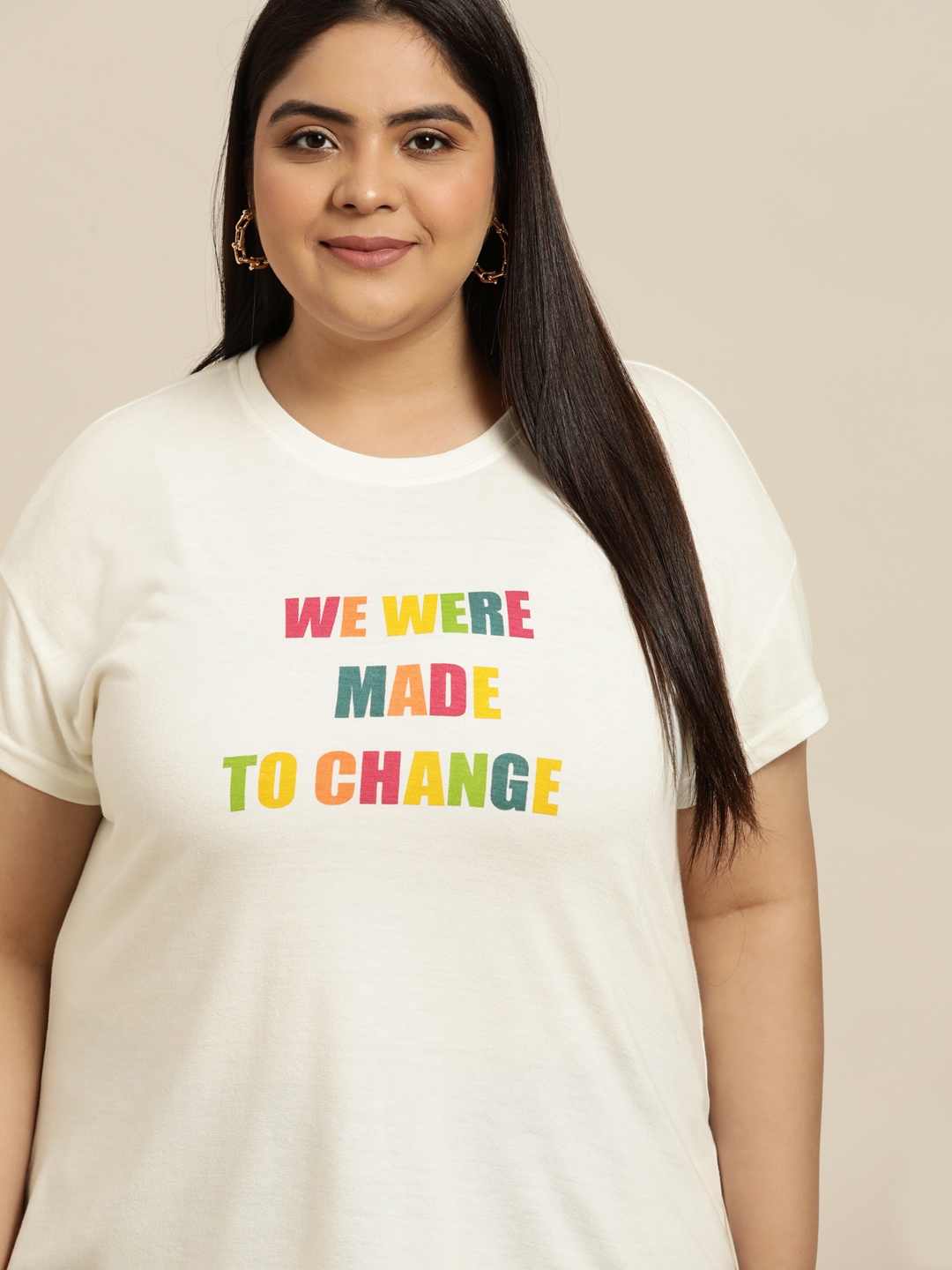 

Sztori Women Plus Size Off White & Magenta Typography Printed T-shirt