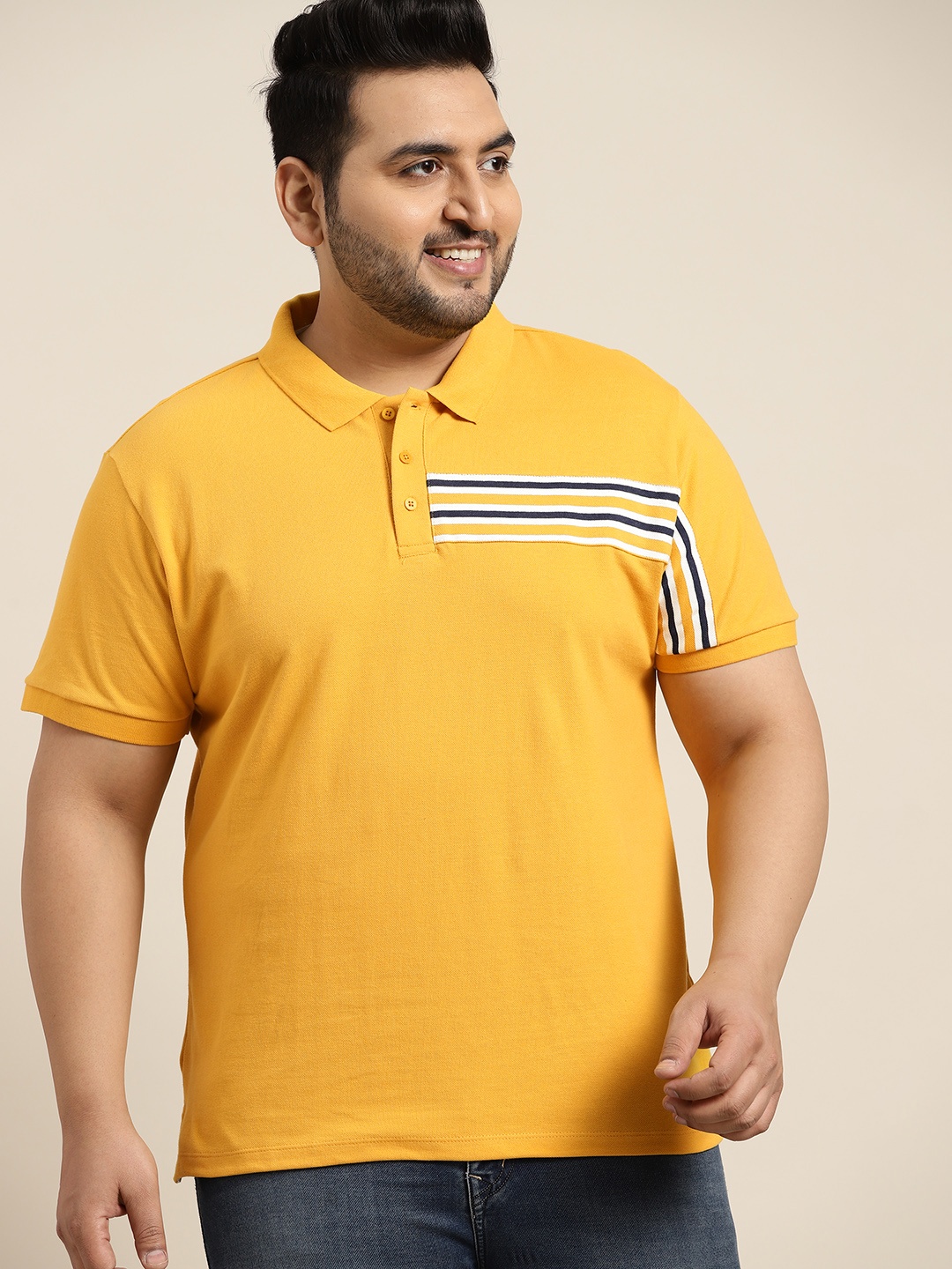 

Sztori Men Plus Size Mustard Yellow Striped Detail Polo Collar Pure Cotton T-shirt