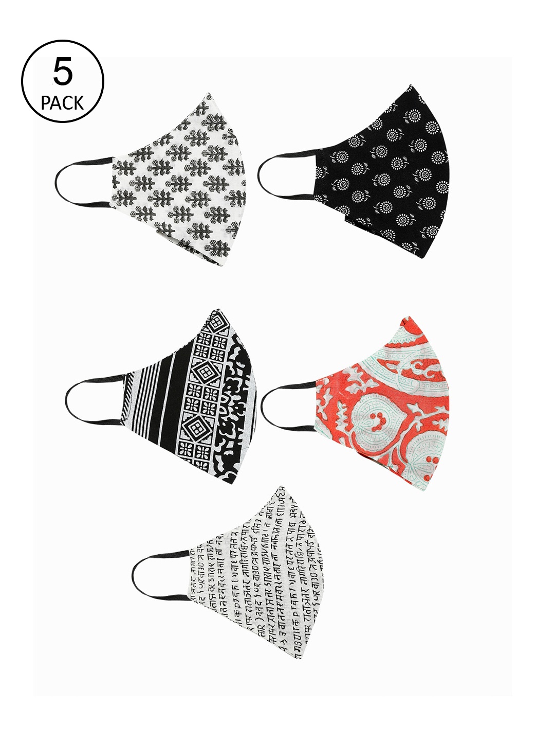 

Aujjessa Pack of 5 Printed Pure Cotton Reusable Cloth Masks, Black