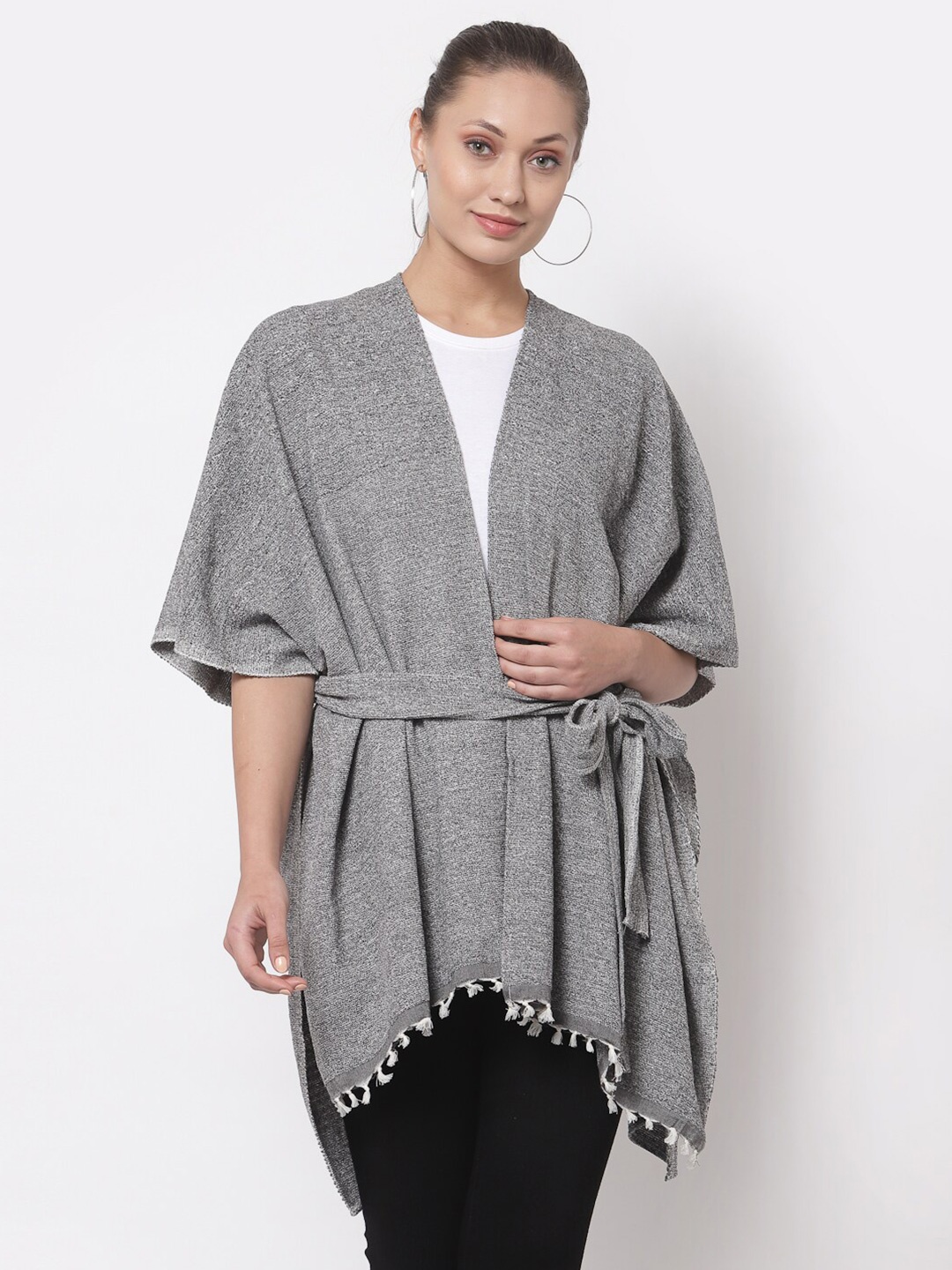 

Arrabi Women Grey Tasselled Longline Tie-Up Shrug