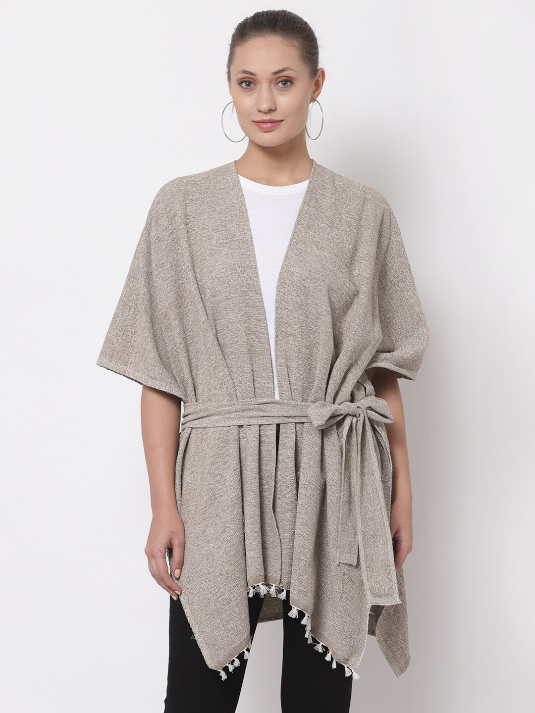 

Arrabi Women Beige Solid Full Size Shrug With Belt