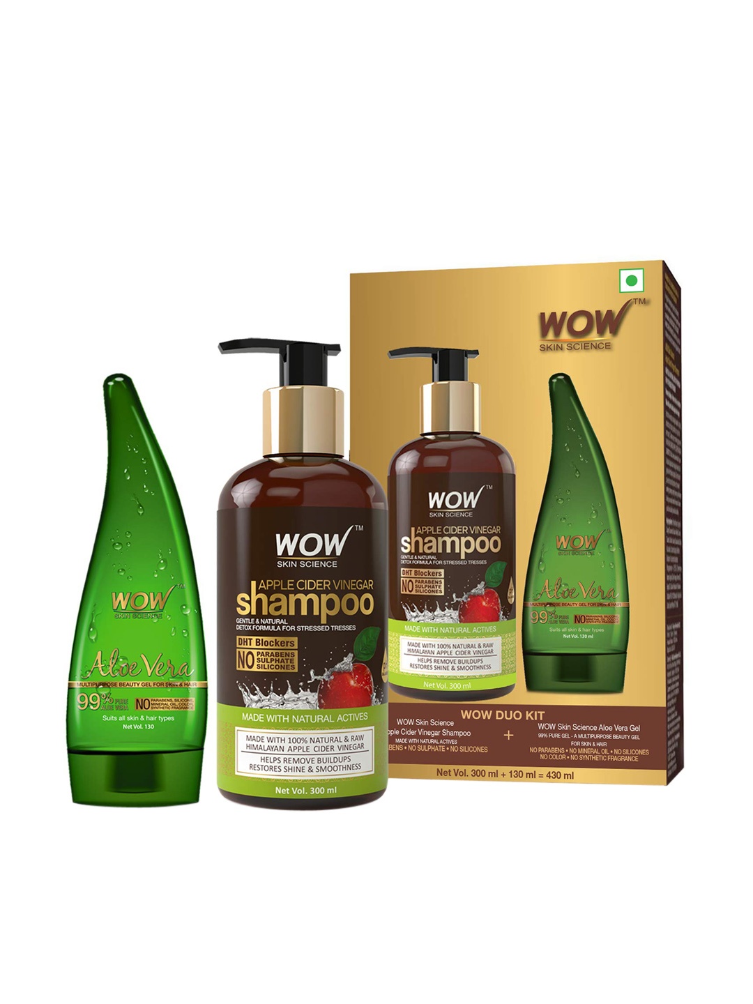 

WOW SKIN SCIENCE Set of Apple Cider Vinegar Shampoo & Aloe Vera Gel, Brown