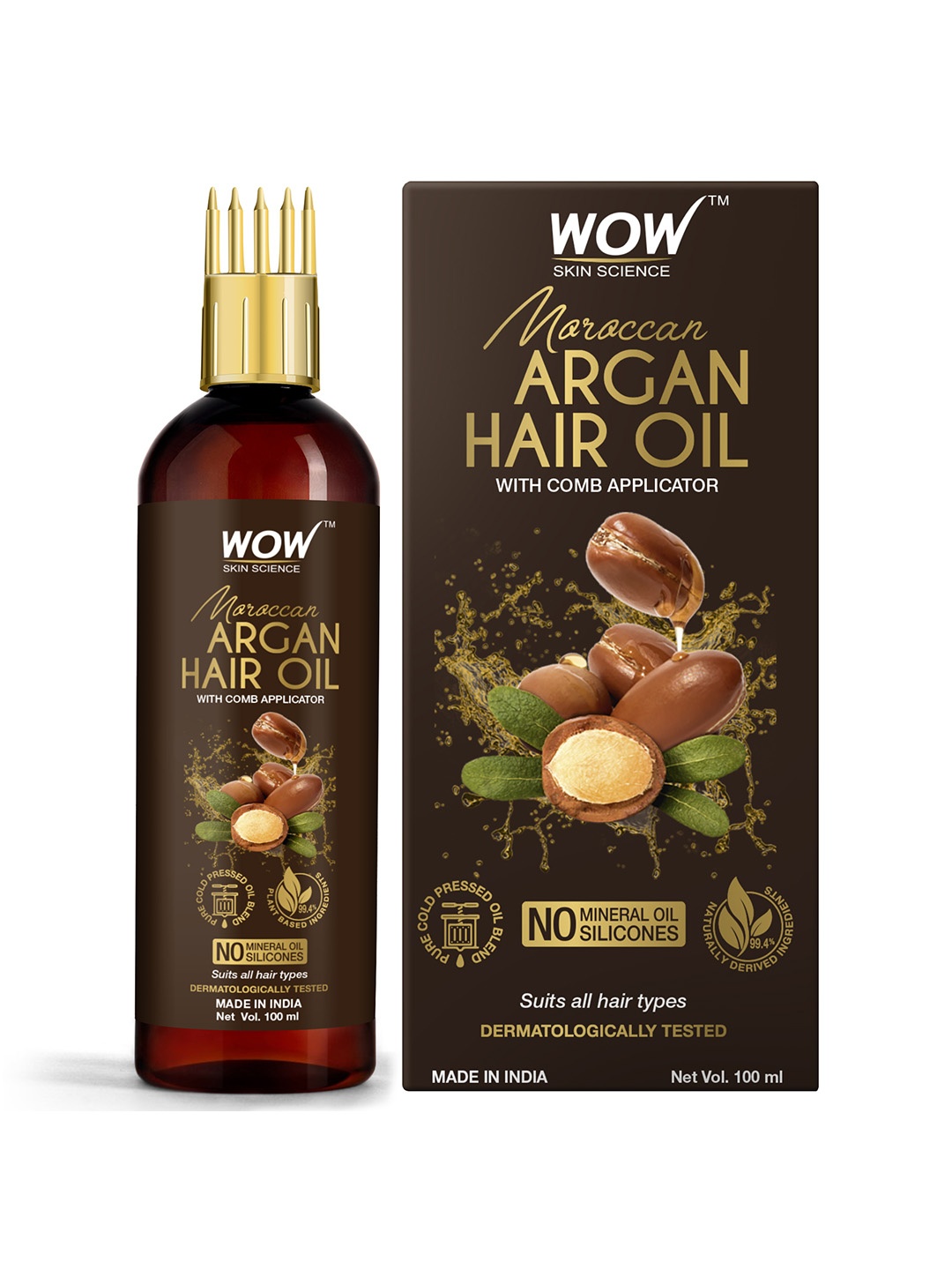 

WOW SKIN SCIENCE Moroccan Argan Hair Oil with Comb Applicator 100 ml, Brown