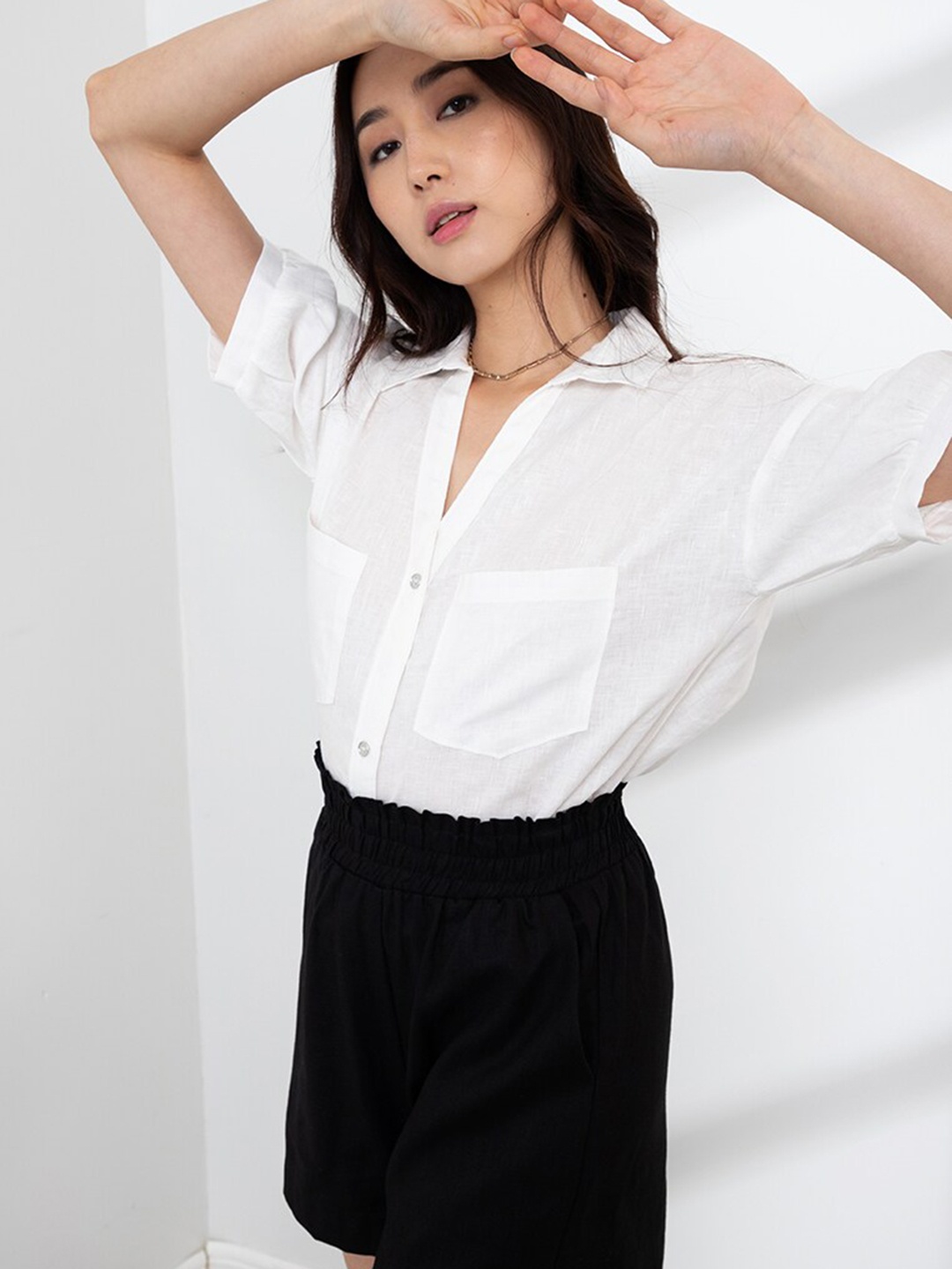 

ORIGIN BY ZALORA Women White Solid Linen Oversized Cropped Shirt