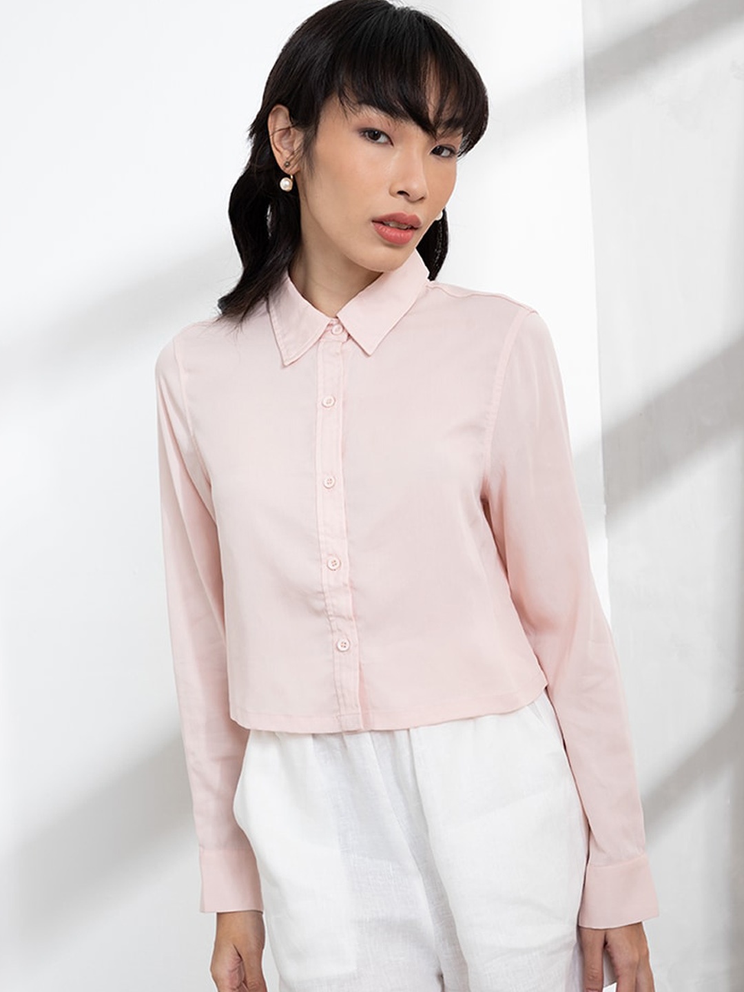 

ORIGIN BY ZALORA Women Pink Tencel Cropped Casual Shirt