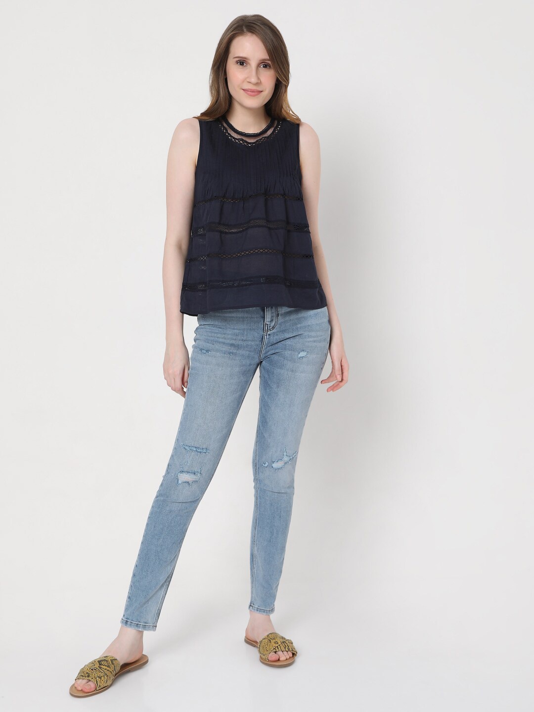 

Vero Moda Women Blue Solid Round Neck Sleeveless Top