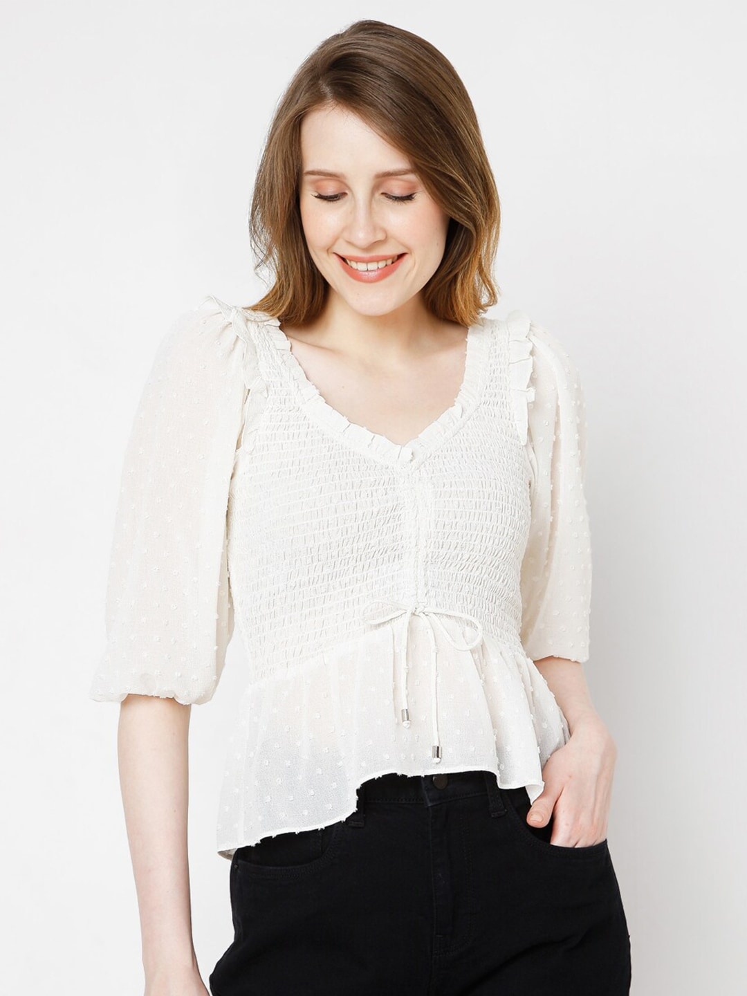 

Vero Moda Women White Solid Three-Quarter Puffed Sleeves Top