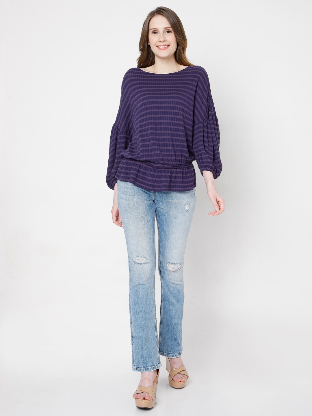 

Vero Moda Blue Striped Cinched Waist Cotton Top