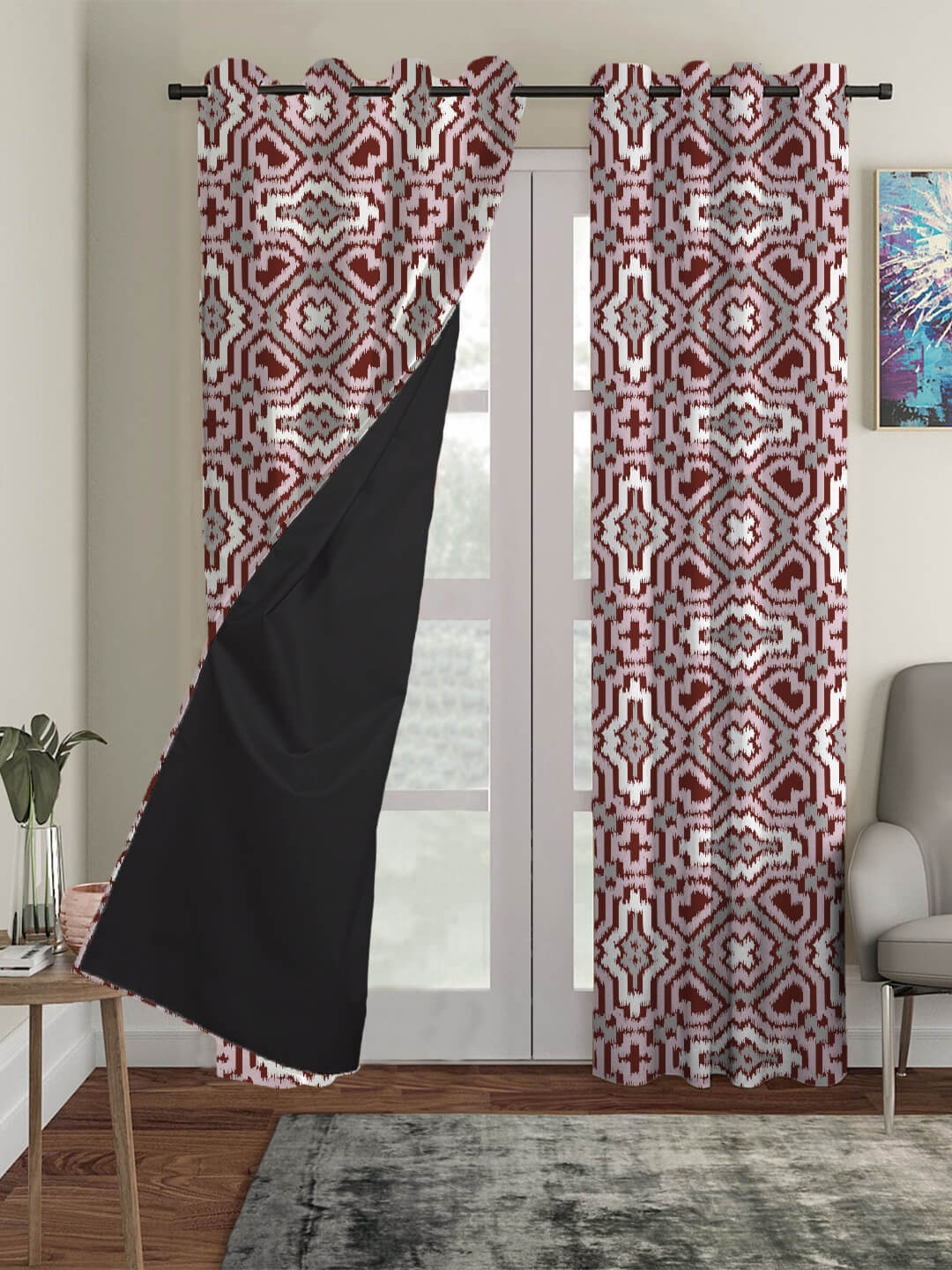 

HOUZZCODE White & Maroon Black Out Door Curtain