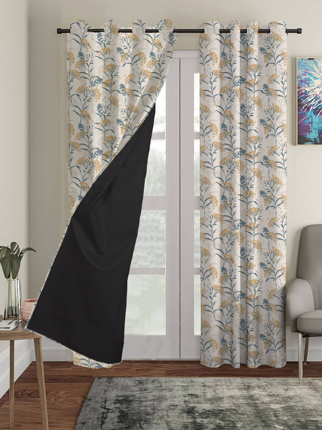 

HOUZZCODE Beige & Yellow Floral Black Out Window Curtain