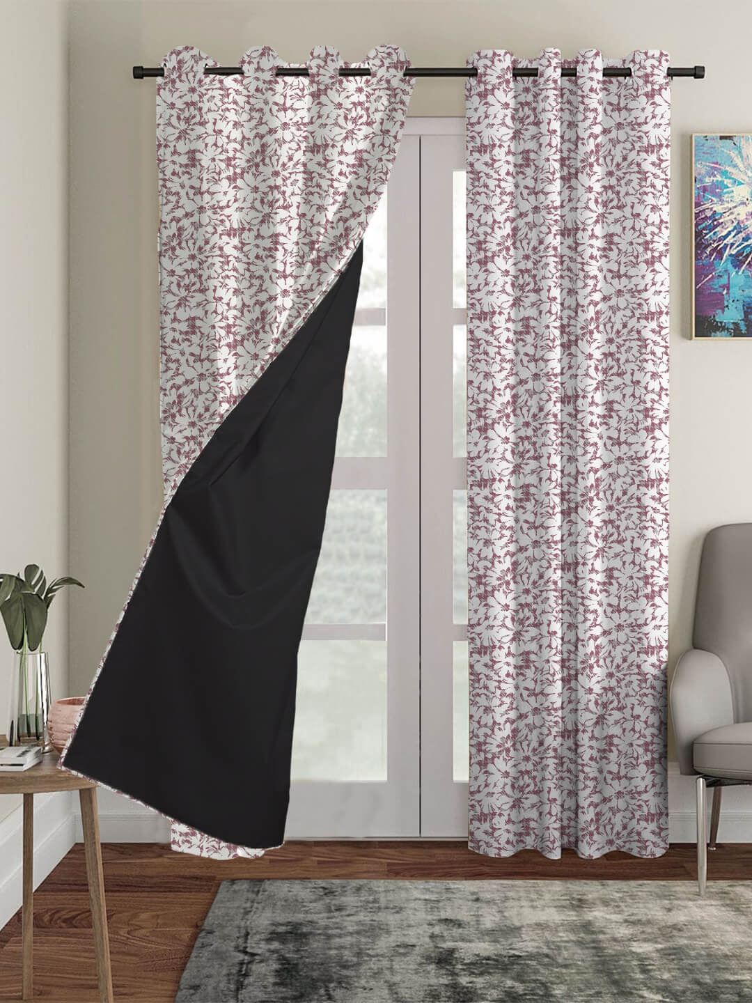 

HOUZZCODE Maroon & White Floral Black Out Door Curtain