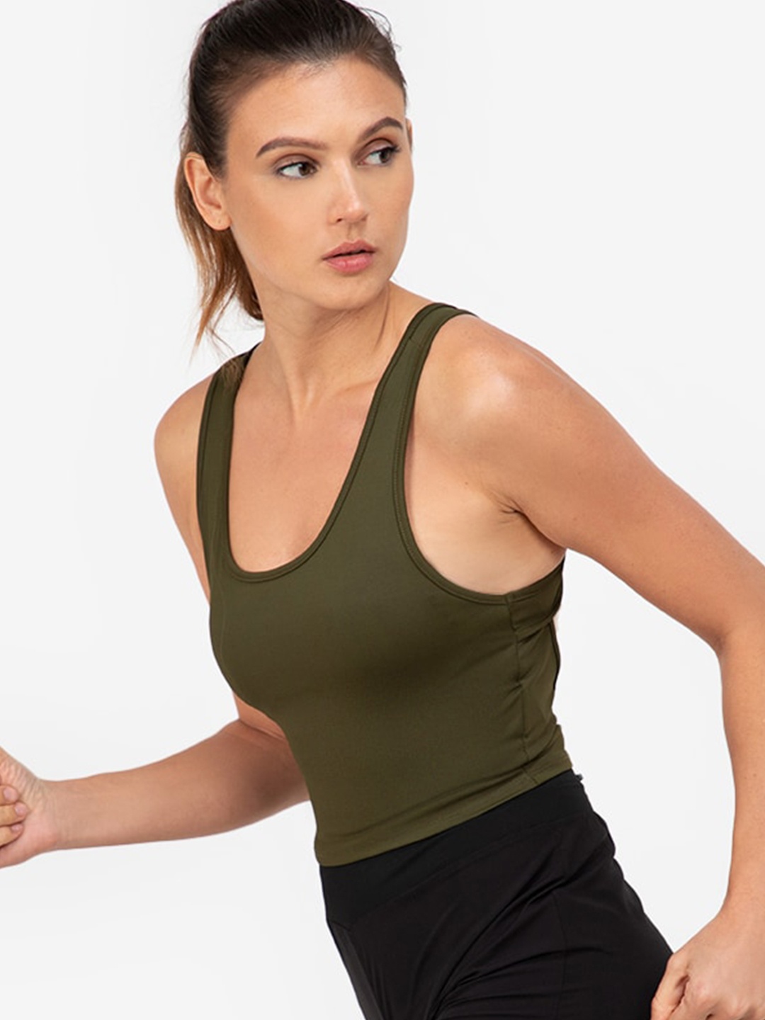 

ZALORA ACTIVE Olive Green Solid Stylised Back Sports Bra