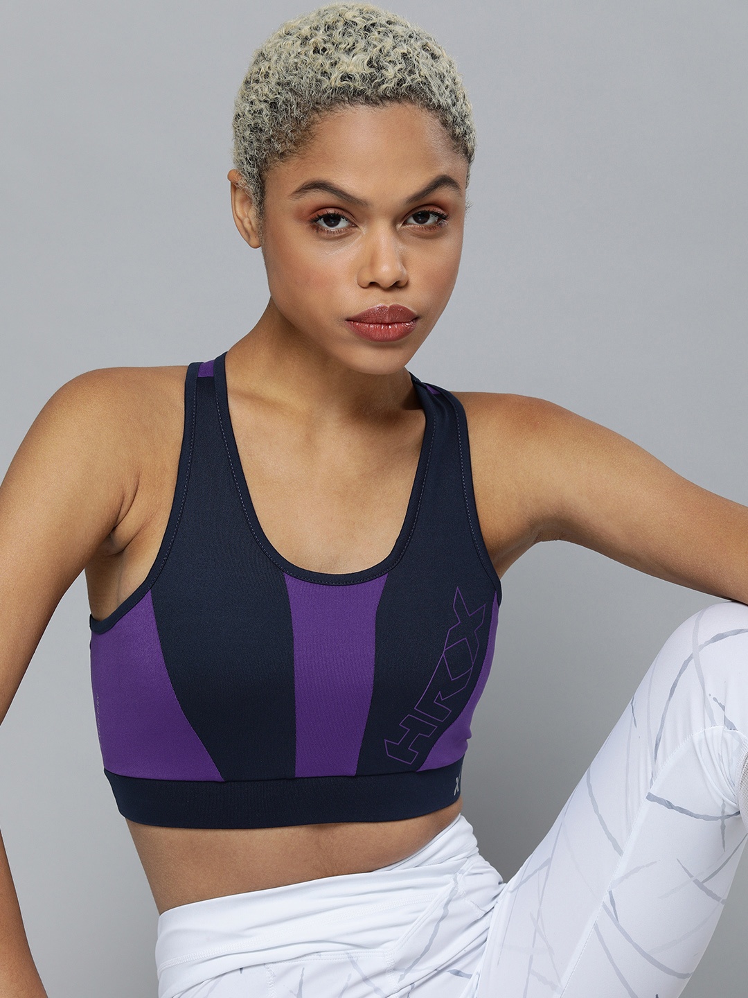 

HRX by Hrithik Roshan Training Women Midnight Navy Rapid-Dry Colourblock Sports Bra, Purple