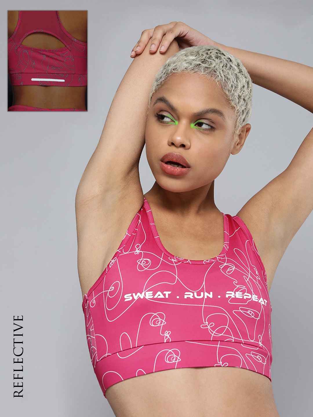 HRX By Hrithik Roshan Running Women Fushia Pink Rapid-Dry AOP Sports Bra