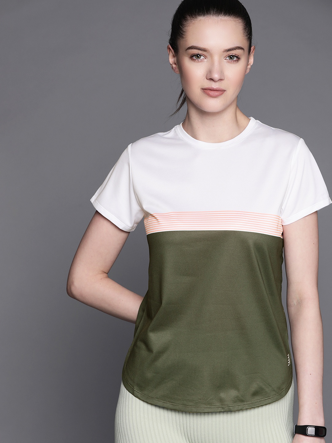 

New Balance Women Olive Green & White Colourblocked Running T-shirt