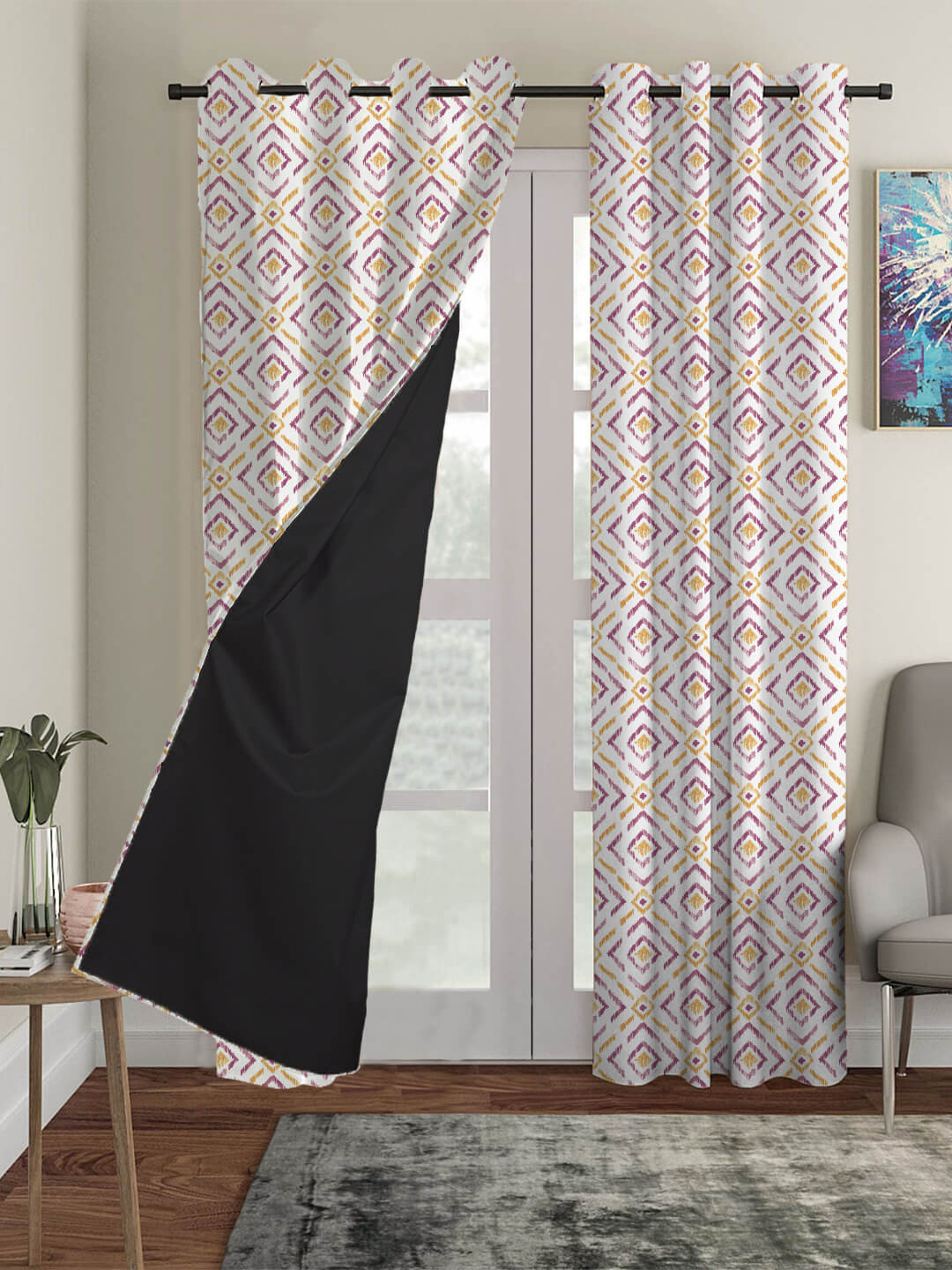 

HOUZZCODE White & Purple Set of 2 Geometric Black Out Window Curtain