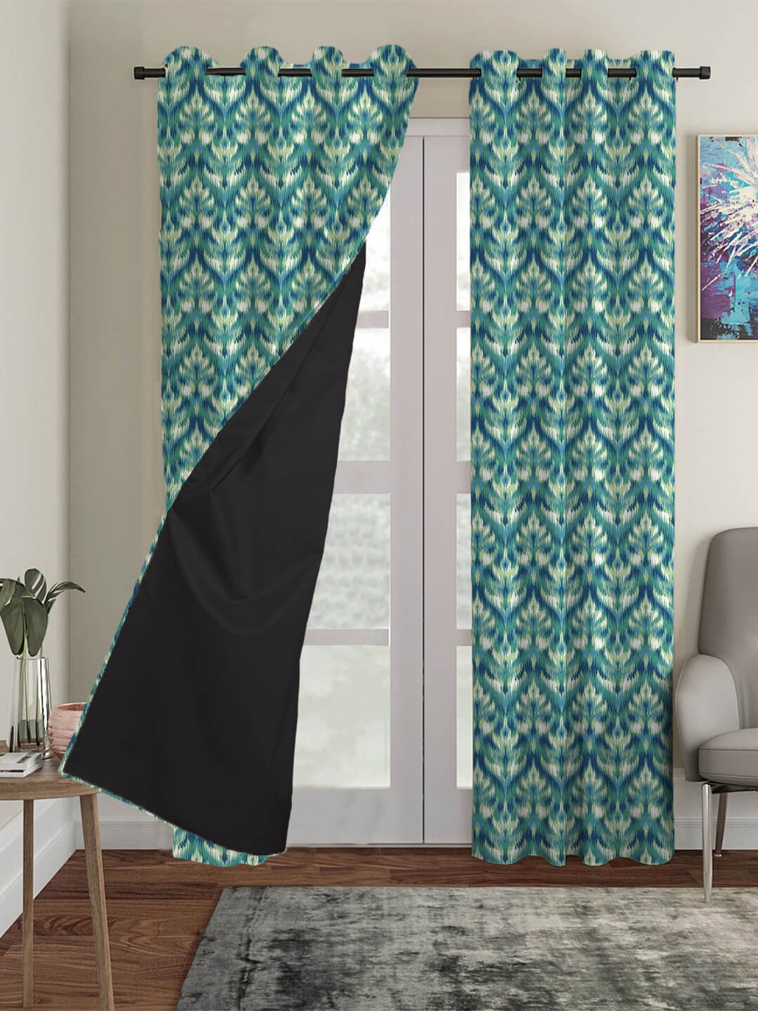 

HOUZZCODE Grey & Green Set of 2 Black Out Window Curtain