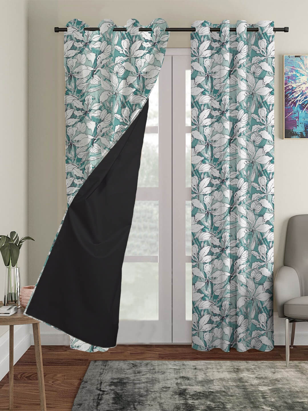 

HOUZZCODE Set Of 2 Blue Floral Printed Blackout Window Curtains, Green