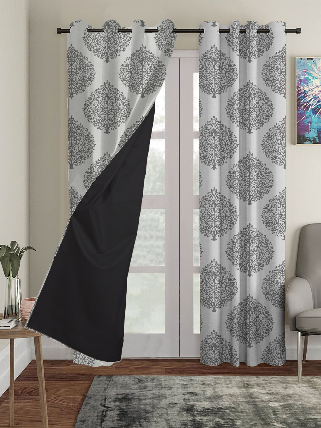 

HOUZZCODE Set Of 2 Grey Ethnic Motifs Printed Blackout Window Curtains