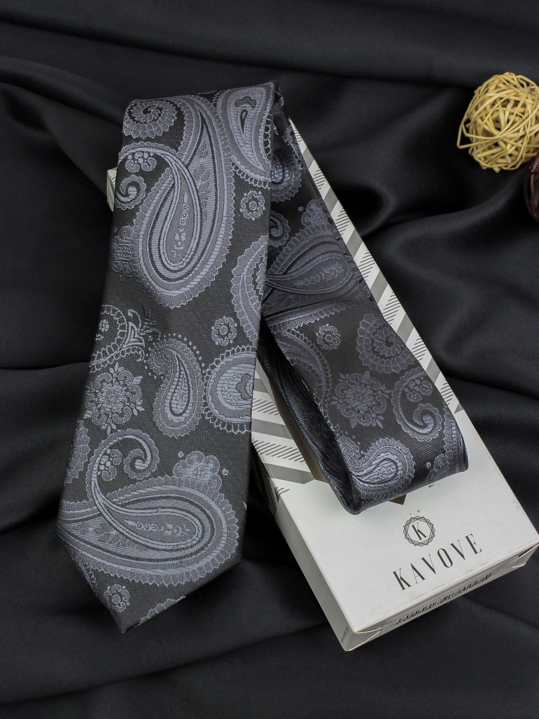 

KOVOVE Men Black & Grey Woven Paisley Design Broad Tie