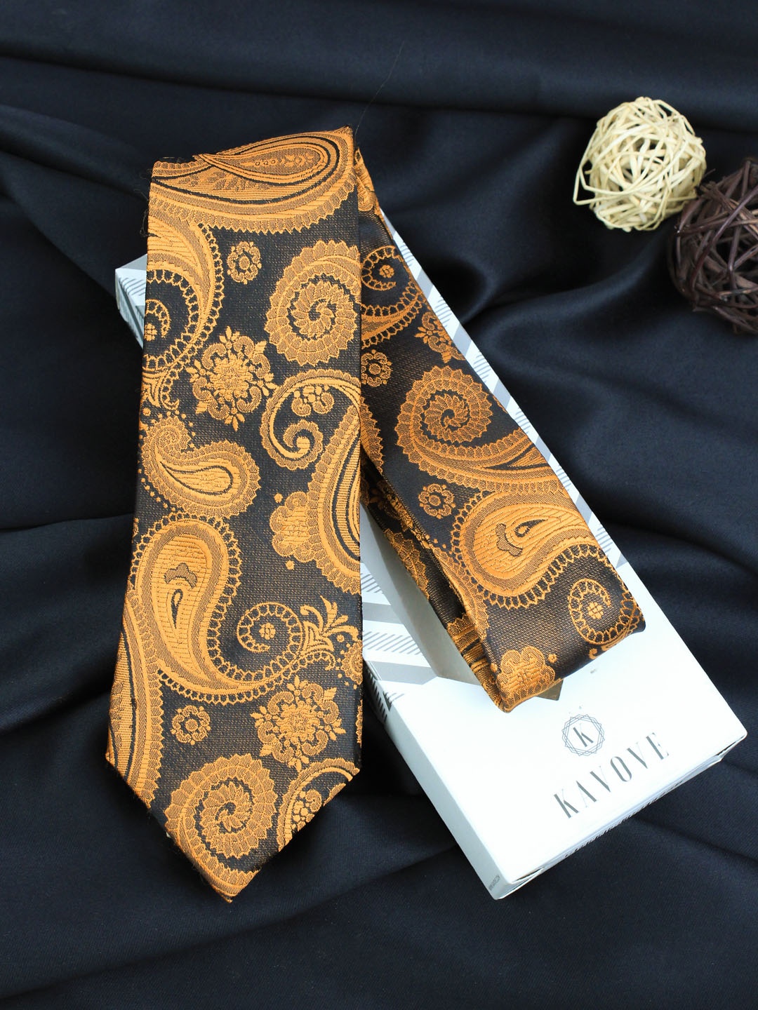 

KOVOVE Men Black & Yellow Paisley Woven Design Broad Tie