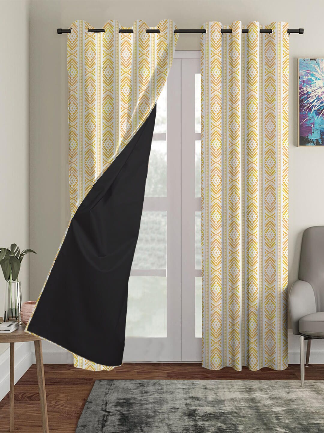 

HOUZZCODE Set Of 4 White & Yellow Ethnic Motif Printed Blackout Window Curtain