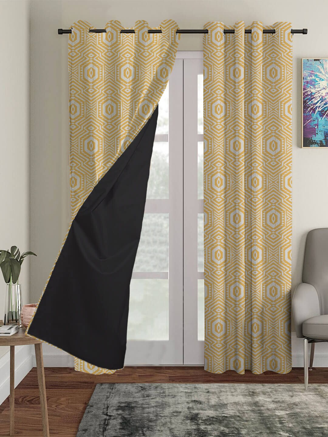 HOUZZCODE Yellow & White Set of 2 Black Out Window Curtain