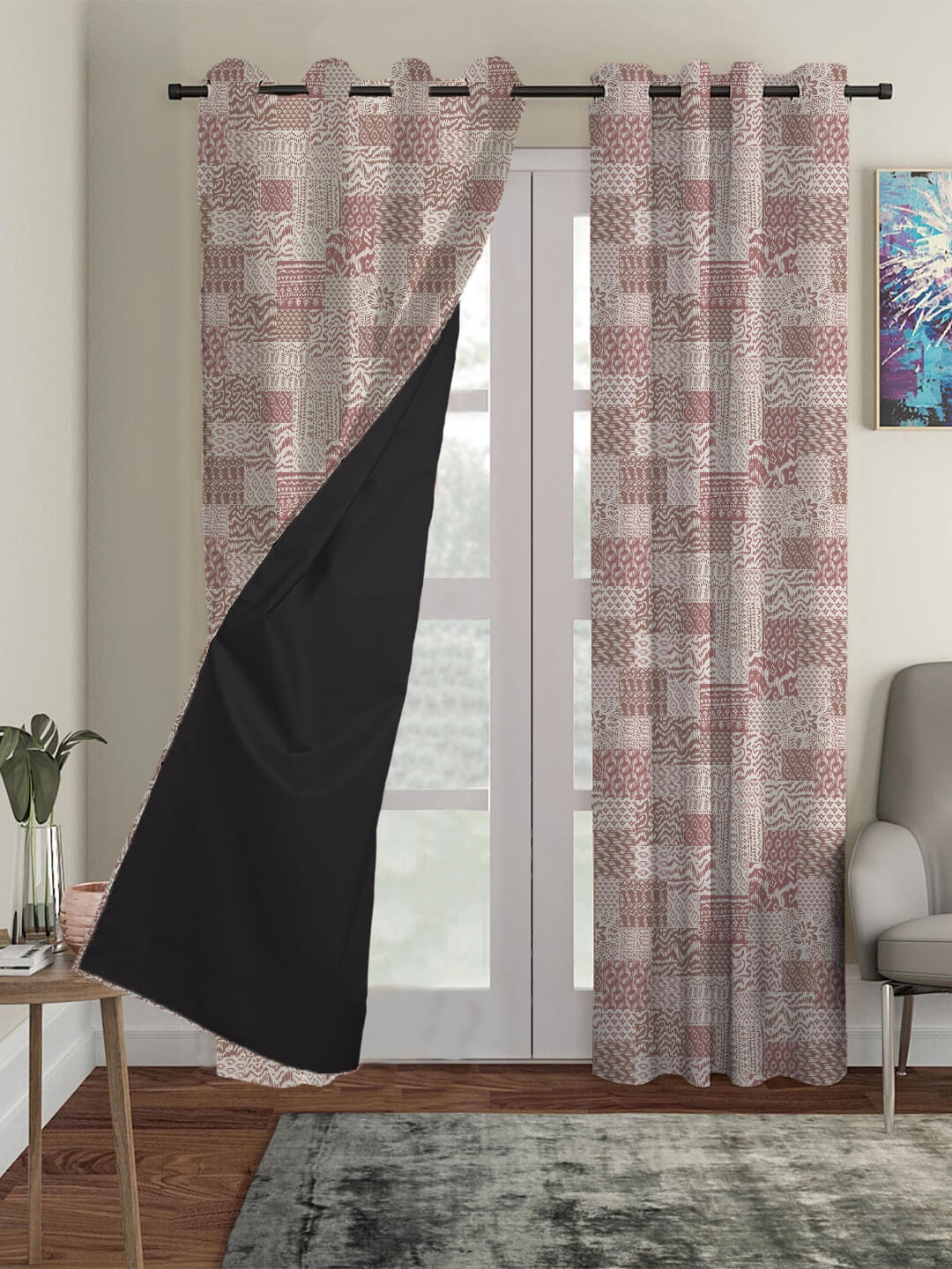 

HOUZZCODE Cream-Coloured & Pink Set of 2 Black Out Long Door Curtains