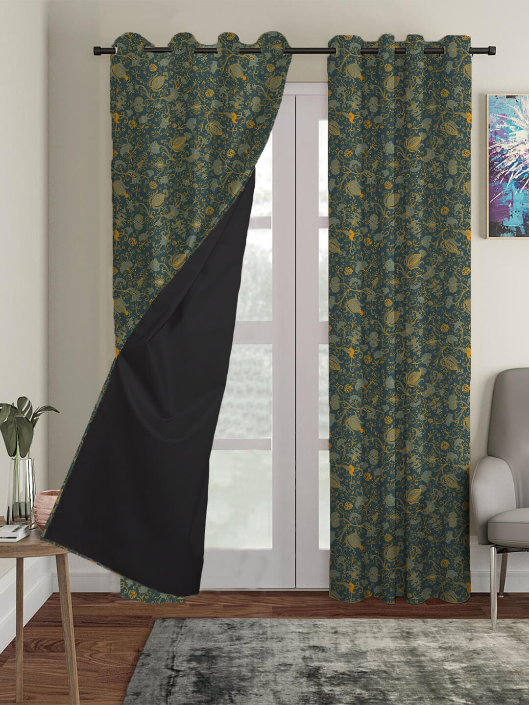 

HOUZZCODE Green & Yellow Set of 2 Ethnic Motifs Black Out Long Door Curtains