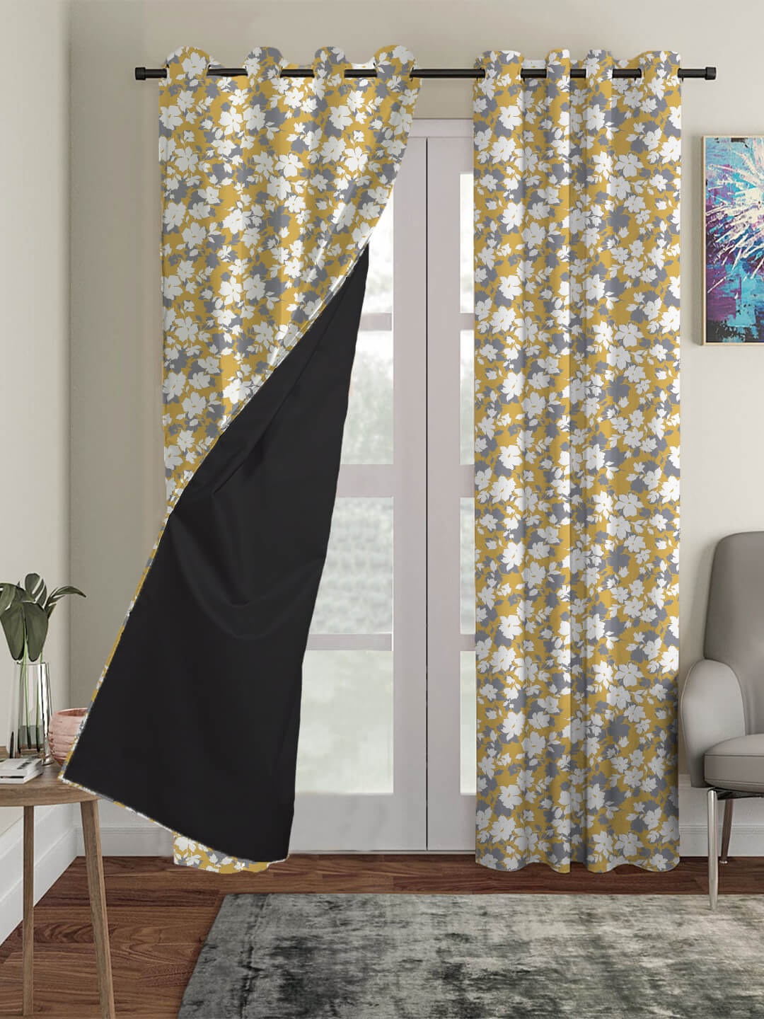 

HOUZZCODE Mustard & Grey Set of 2 Floral Black Out Long Door Curtains