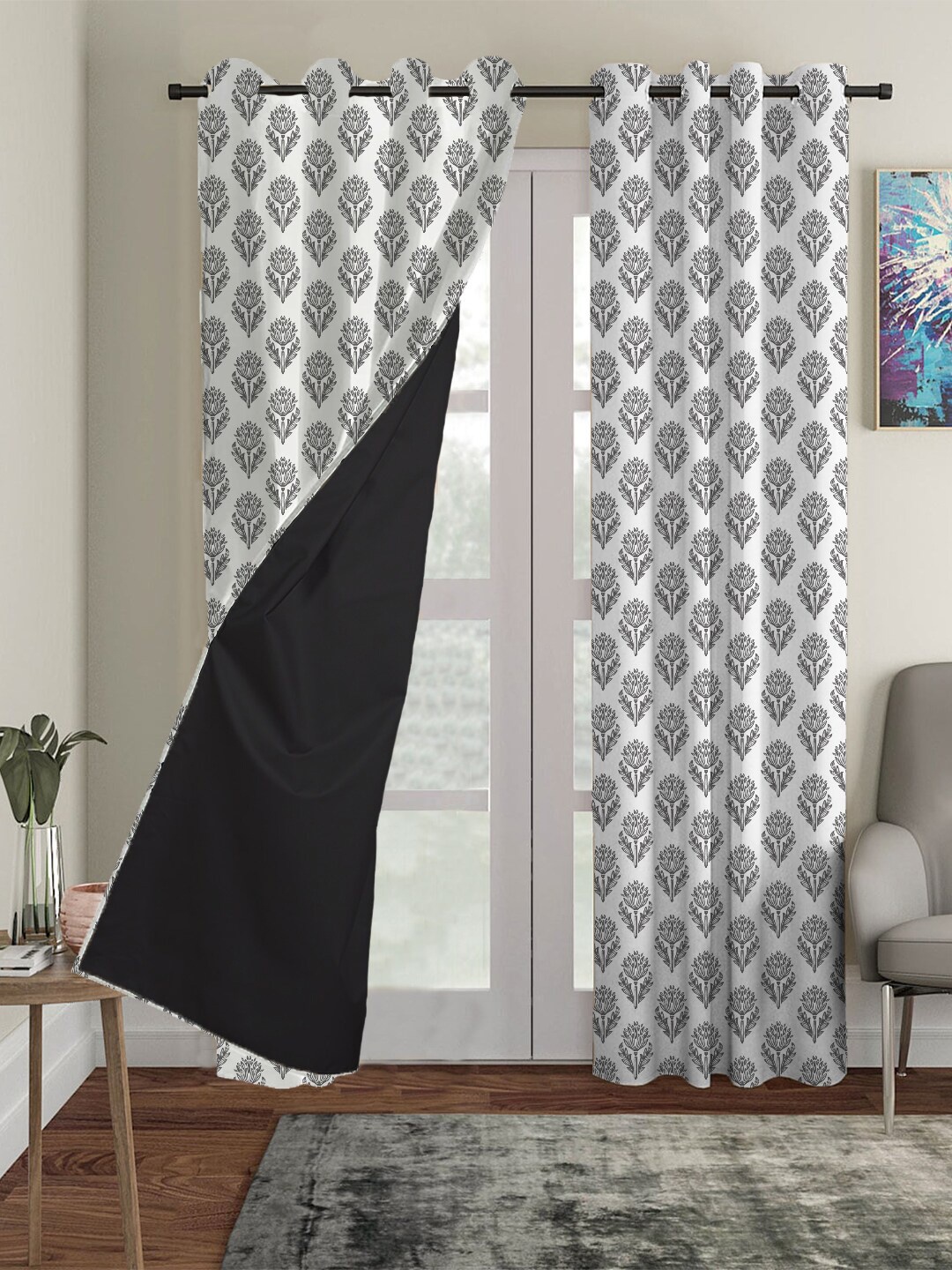 

HOUZZCODE White & Grey Set of 2 Ethnic Motifs Black Out Long Door Curtains