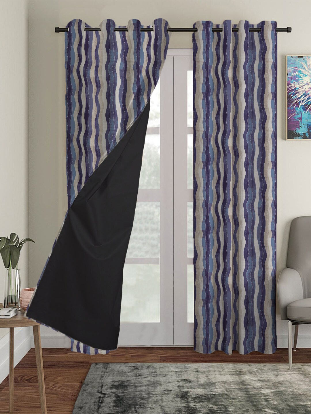 

HOUZZCODE Blue & Taupe Set of 3 Black Out Long Door Curtain