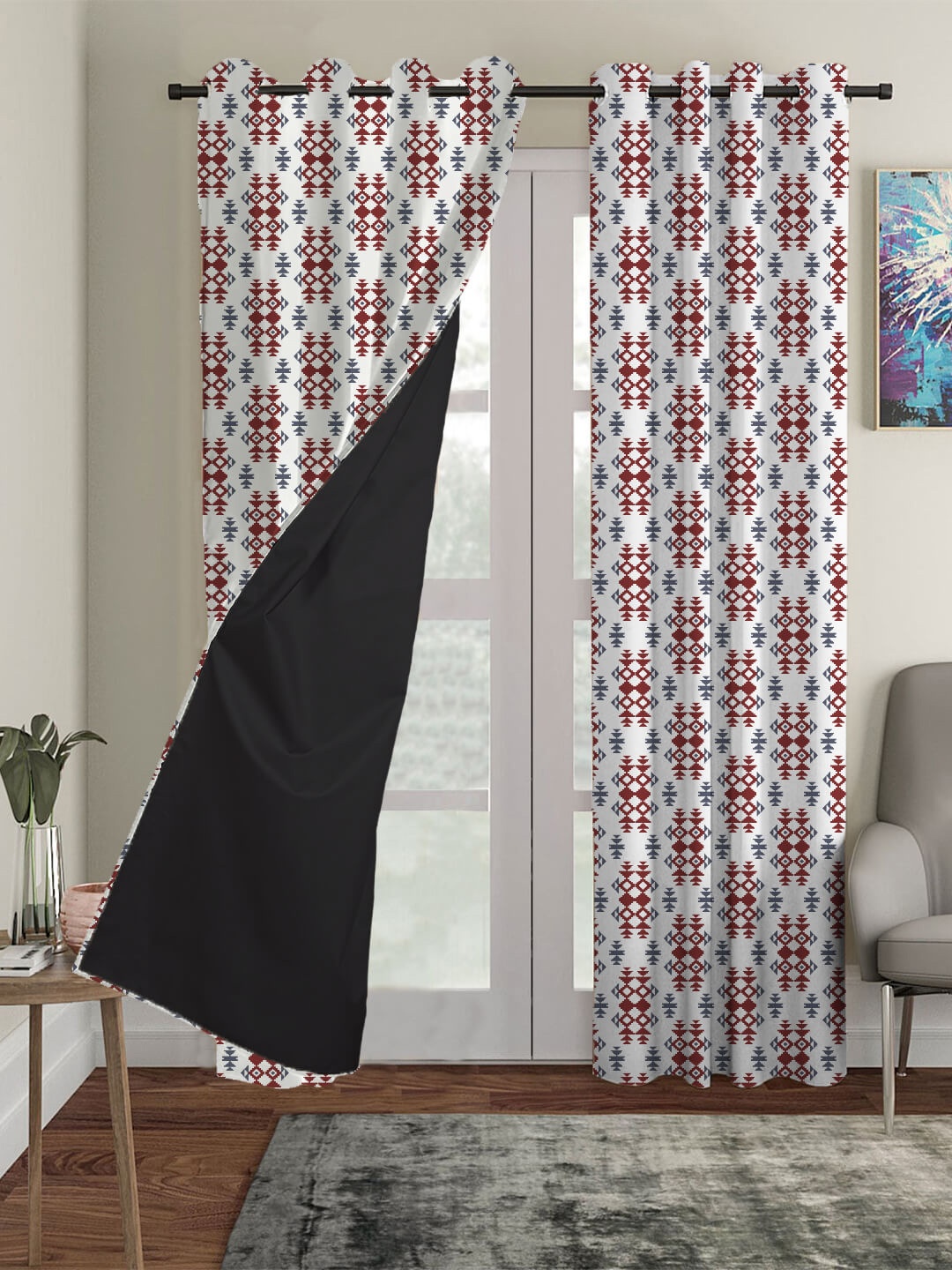 

HOUZZCODE Maroon & White Set of 3 Ethnic Motifs Printed Black Out Long Door Curtain