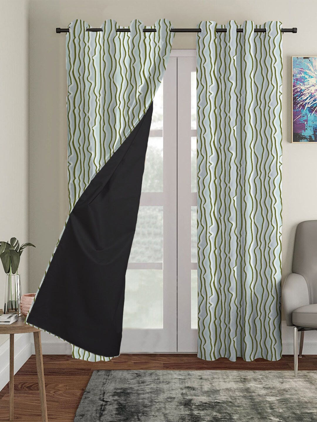 

HOUZZCODE Grey & Green Set of 3 Black Out Long Door Curtain