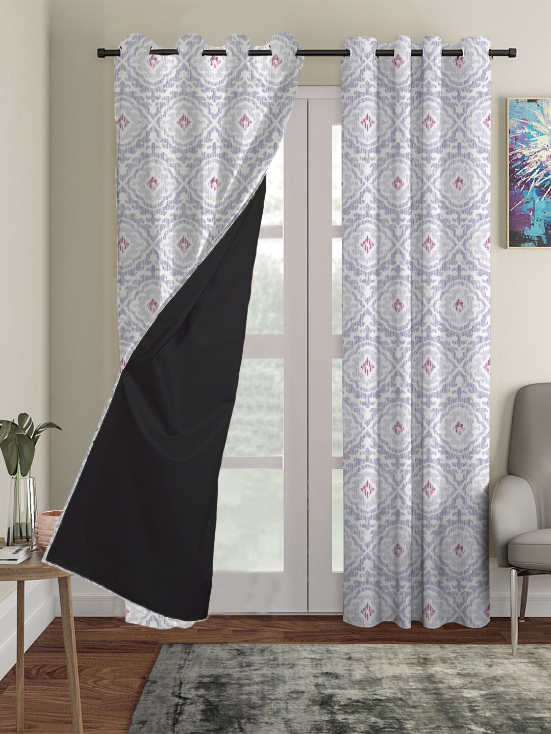 

HOUZZCODE Grey Set of 4 Ethnic Motifs Black Out Long Door Curtain