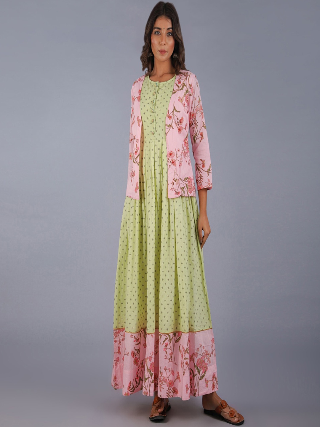 

KALINI Women Green & Pink Ethnic Motifs Cotton Maxi Dress With Jacket
