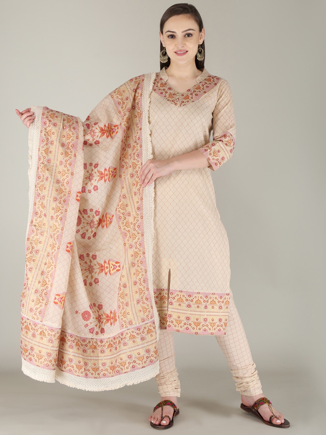 

KALINI Women Beige Ethnic Motifs Yoke Design Regular Pure Cotton Kurta with Churidar & With Dupatta